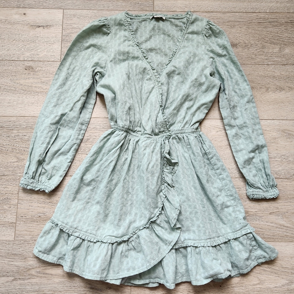 American Eagle Light Green Long Sleeve Faux Wrap Ruffle Dress Womens Medium
